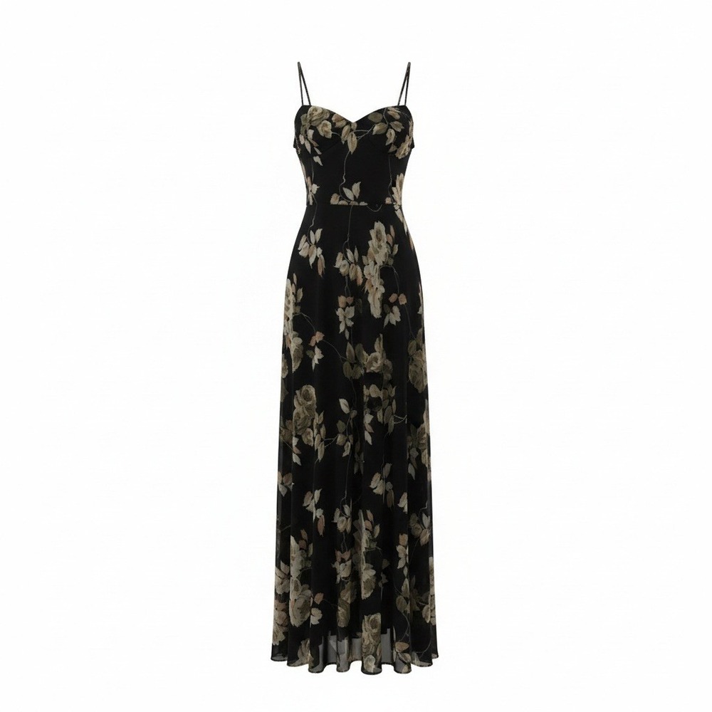 Betsy & Adam Jaslene Floral Maxi Dress 14 Black Cowl Neck Formal Gown 56721